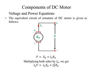 Components of DC Motor
• The equivalent circuit of armature of DC motor is given as
follows:
𝑉 = 𝐸𝑏 + 𝐼𝑎𝑅𝑎
Multiplying both sides by 𝐼𝑎, we get
𝐼𝑎𝑉 = 𝐼𝑎𝐸𝑏 + 𝐼𝑎
2𝑅𝑎
Voltage and Power Equations
 