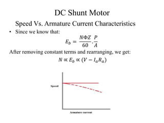 DC Shunt Motor
• Since we know that:
𝐸𝑏 =
𝑁Φ𝑍
60
.
𝑃
𝐴
After removing constant terms and rearranging, we get:
𝑁 ∝ 𝐸𝑏 ∝ (𝑉 − 𝐼𝑎𝑅𝑎)
Speed Vs. Armature Current Characteristics
 