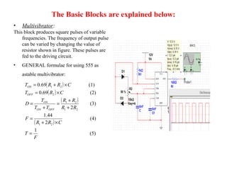 The Basic Blocks are explained below:
( )
( )
( )
( )
(5)
1
(4)
2
44.1
(3)
2
(2)69.0
(1)69.0
21
21
21
2
21
F
T
CRR
F
RR
RR
TT
T
D
CRT
CRRT
OFFON
ON
OFF
ON
=
×+
=
+
+
=
+
=
×=
×+=
• Multivibrator:
This block produces square pulses of variable
frequencies. The frequency of output pulse
can be varied by changing the value of
resistor shown in figure. These pulses are
fed to the driving circuit.
• GENERAL formulae for using 555 as
astable multivibrator:
 