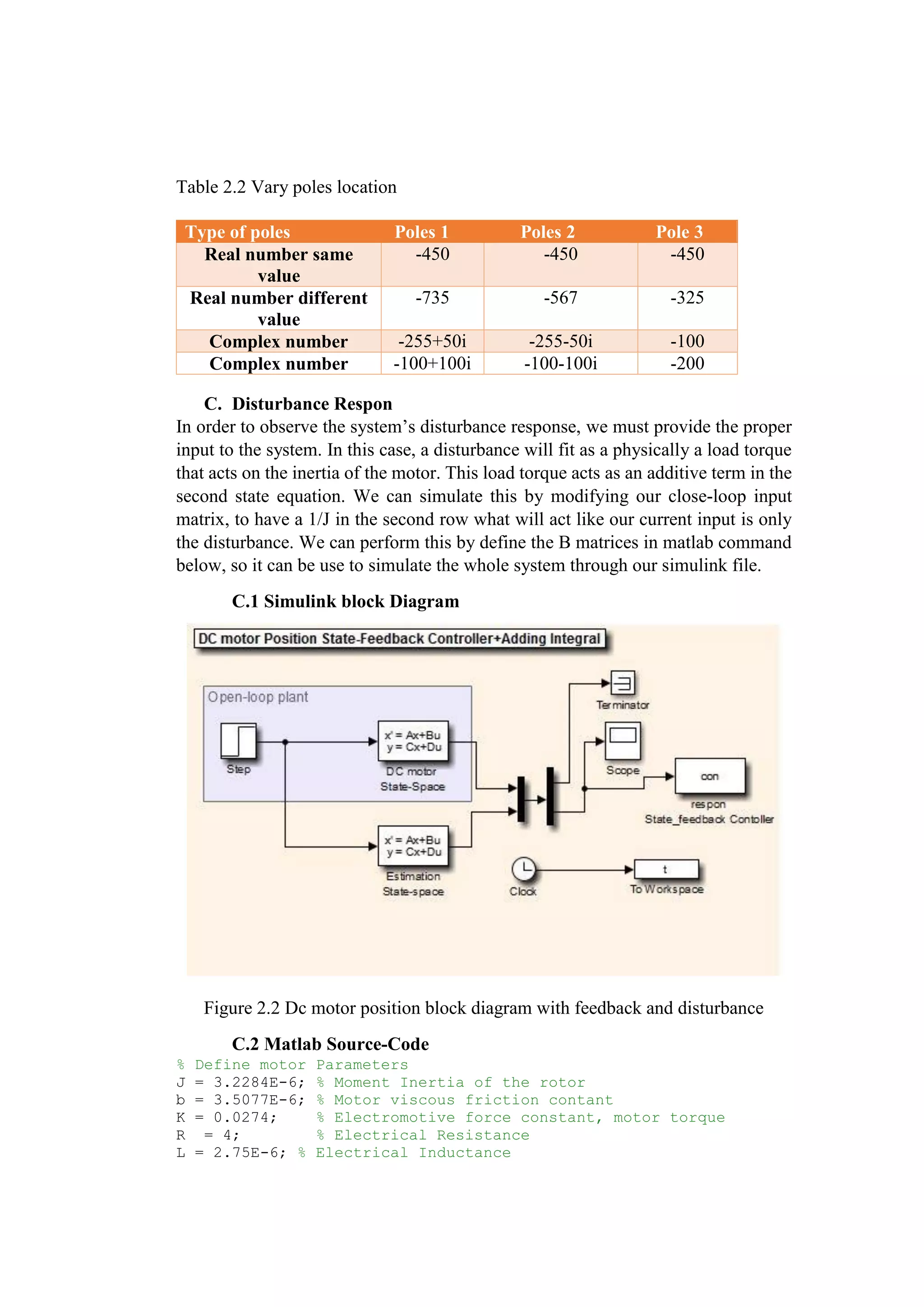 Table 2.2 Vary poles location
C. Disturbance Respon
In order to observe the system’s disturbance response, we must provide the proper
input to the system. In this case, a disturbance will fit as a physically a load torque
that acts on the inertia of the motor. This load torque acts as an additive term in the
second state equation. We can simulate this by modifying our close-loop input
matrix, to have a 1/J in the second row what will act like our current input is only
the disturbance. We can perform this by define the B matrices in matlab command
below, so it can be use to simulate the whole system through our simulink file.
C.1 Simulink block Diagram
Figure 2.2 Dc motor position block diagram with feedback and disturbance
C.2 Matlab Source-Code
% Define motor Parameters
J = 3.2284E-6; % Moment Inertia of the rotor
b = 3.5077E-6; % Motor viscous friction contant
K = 0.0274; % Electromotive force constant, motor torque
R = 4; % Electrical Resistance
L = 2.75E-6; % Electrical Inductance
Type of poles Poles 1 Poles 2 Pole 3
Real number same
value
-450 -450 -450
Real number different
value
-735 -567 -325
Complex number -255+50i -255-50i -100
Complex number -100+100i -100-100i -200
 