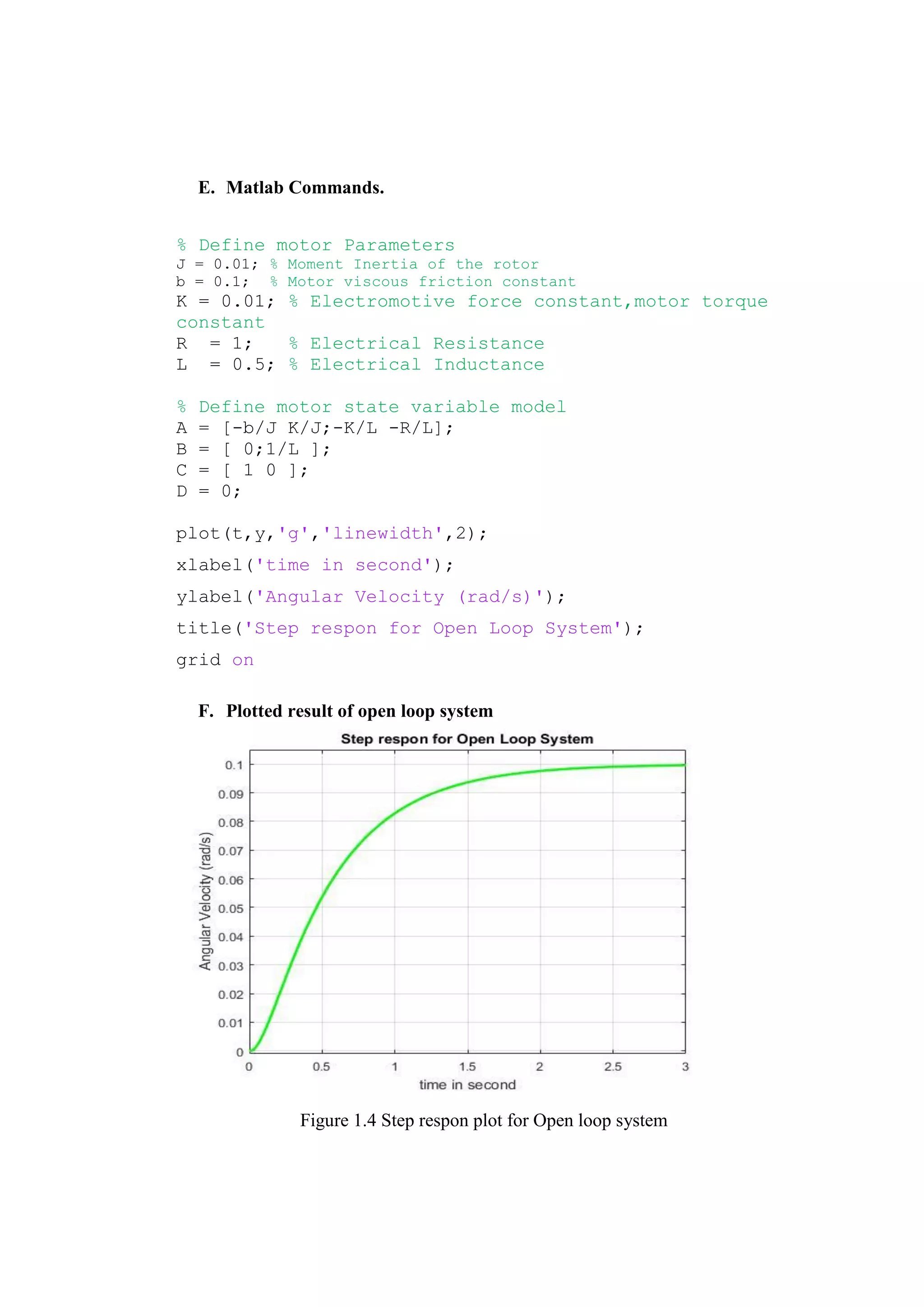 E. Matlab Commands.
% Define motor Parameters
J = 0.01; % Moment Inertia of the rotor
b = 0.1; % Motor viscous friction constant
K = 0.01; % Electromotive force constant,motor torque
constant
R = 1; % Electrical Resistance
L = 0.5; % Electrical Inductance
% Define motor state variable model
A = [-b/J K/J;-K/L -R/L];
B = [ 0;1/L ];
C = [ 1 0 ];
D = 0;
plot(t,y,'g','linewidth',2);
xlabel('time in second');
ylabel('Angular Velocity (rad/s)');
title('Step respon for Open Loop System');
grid on
F. Plotted result of open loop system
Figure 1.4 Step respon plot for Open loop system
 