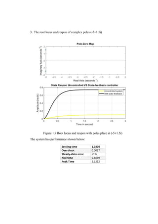 3. The root locus and respon of complex poles (-5±1.5i)
Figure 1.9 Root locus and respon with poles place at (-5±1.5i)
The system has performance shown below:
Settling time 1.0270
Overshoot 0.0027
Steady-state error <1%
Rise time 0.6069
Peak Time 2.1252
 