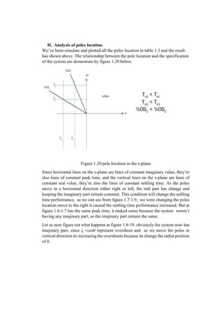 H. Analysis of poles location.
We’ve been simulate and plotted all the poles location in table 1.3 and the result
has shown above. The relationship between the pole location and the specification
of the system are demostrate by figure 1.20 below.
Figure 1.20 pole location in the s-plane
Since horizontal lines on the s-plane are lines of constant imaginary value, they’re
also lines of constant peak time, and the vertical lines on the s-plane are lines of
constant real value, they’re also the lines of constant settling time. As the poles
move in a horizontal direction either right or left, the real part has change and
keeping the imaginary part remain constant. This condition will change the setlling
time performance, as we can see from figure 1.7-1.9, we were changing the poles
location move to the right it caused the settling time performance increased. But at
figure 1.6-1.7 has the same peak time, it maked sense because the system weren’t
having any imajinary part, so the imajinary part remain the same.
Let us now figure out what happens at figure 1.8-19, obviously the system now has
imajinary part, since ζ =cosθ represent overshoot and as we move the poles in
vertical direction its increasing the overshoots because its change the radial position
of θ.
 