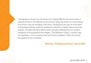 “The Big Brand Theory” was the theme of our Digital CMO Summit and it marks a
seminal moment in the evolution of our industry. Today, big brands are not just being
built online—they are springing to life online, changing the very way we think about
and leverage branding. Fueled by evolutionary advances in digital measurement and
analysis, and bold new ideas about creative execution reflecting the near constant
emergence of next generation technologies, “The Big Brand Theory” is neither hype
nor hypothesis—it is an amazing new fact of life for marketers. That’s why we put
this question to our roundtable:


                                   what does “The Big Brand Theory” mean to YOu?




                                                                    THE BIG BRAND THEORY 9
 