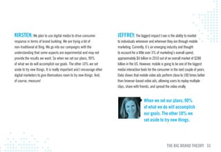 KIRSTEN: We plan to use digital media to drive consumer                 JEFFREY: The biggest impact I see is the ability to market
response in terms of brand building. We are trying a lot of             to individuals whenever and wherever they are through mobile
non-traditional at Bing. We go into our campaigns with the              marketing. Currently, it’s an emerging industry and thought
understanding that some aspects are experimental and may not            to account for a little over 3% of marketing’s overall spend,
provide the results we want. So when we set our plans, 90%              approximately $4 billion in 2010 out of an overall market of $288
of what we do will accomplish our goals. The other 10% we set           billion in the US. However, mobile is going to be one of the biggest
aside to try new things. It is really important and I encourage other   media interaction tools for the consumer in the next couple of years.
digital marketers to give themselves room to try new things. And,       Data shows that mobile video ads perform close to 100 times better
of course, measure!                                                     than browser-based video ads, allowing users to replay multiple
                                                                        clips, share with friends, and spread the video virally.


                                                                                            when we set our plans, 90%
                                                                                            of what we do will accomplish
                                                                                            our goals. The other 10% we
                                                                                            set aside to try new things.




                                                                                                              THE BIG BRAND THEORY 33
 