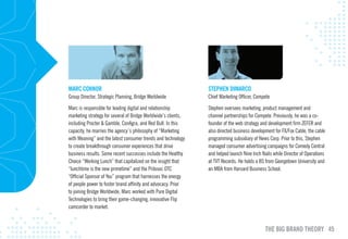 mARc cONNOR                                                     STEpHEN DImARcO
Group Director, Strategic Planning, Bridge Worldwide            Chief Marketing Officer, Compete

Marc is responsible for leading digital and relationship        Stephen oversees marketing, product management and
marketing strategy for several of Bridge Worldwide’s clients,   channel partnerships for Compete. Previously, he was a co-
including Procter & Gamble, ConAgra, and Red Bull. In this      founder of the web strategy and development firm ZEFER and
capacity, he marries the agency’s philosophy of “Marketing      also directed business development for FX/Fox Cable, the cable
with Meaning” and the latest consumer trends and technology     programming subsidiary of News Corp. Prior to this, Stephen
to create breakthrough consumer experiences that drive          managed consumer advertising campaigns for Comedy Central
business results. Some recent successes include the Healthy     and helped launch Nine Inch Nails while Director of Operations
Choice “Working Lunch” that capitalized on the insight that     at TVT Records. He holds a BS from Georgetown University and
“lunchtime is the new primetime” and the Prilosec OTC           an MBA from Harvard Business School.
“Official Sponsor of You” program that harnesses the energy
of people power to foster brand affinity and advocacy. Prior
to joining Bridge Worldwide, Marc worked with Pure Digital
Technologies to bring their game-changing, innovative Flip
camcorder to market.



                                                                                              THE BIG BRAND THEORY 45
 