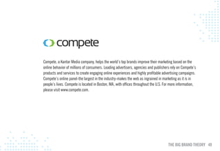 Compete, a Kantar Media company, helps the world’s top brands improve their marketing based on the
online behavior of millions of consumers. Leading advertisers, agencies and publishers rely on Compete’s
products and services to create engaging online experiences and highly profitable advertising campaigns.
Compete’s online panel-the largest in the industry-makes the web as ingrained in marketing as it is in
people’s lives. Compete is located in Boston, MA, with offices throughout the U.S. For more information,
please visit www.compete.com.




                                                                                     THE BIG BRAND THEORY 49
 