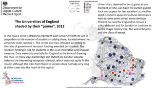 In this map a circle is drawn to represent each university with its size in
proportion to the number of students studying there, located where the
university main campus is. The circles are then coloured according to
the ratio of government research funding awarded per student. The
research funding is not for students so this is an innovative and unusual
measure. Data were only available for England at the time of drawing
this map. In many ways Cambridge and Oxford are London suburbs
today so the interesting exception is Bristol, which does not quite fit the
mould, although the train from there to London does not take very long
at all to travel into the heart of the capital.
The Universities of England
shaded by their “power”, 2012
Universities, deemed to be so great at one
moment in time, can have the curtain pulled
back and appear far less excellent at another
point. London’s apparent cultural dominance
may at some point attract some derision.
There is no need for England to remain a
cultural desert and for London to continue to
be the magic money tree, the well of bounty
and the place of excess.
 