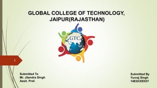 GLOBAL COLLEGE OF TECHNOLOGY,
JAIPUR(RAJASTHAN)
Submitted To
Mr. Jitendra Singh
Assit. Prof.
Submitted By
Yuvraj Singh
14EGCEE037
1
 