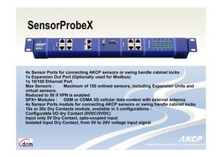 Intelligent Monitoring Solutions for Your Enterprise ResourcesIntelligent Monitoring Solutions for Your Enterprise Resources
4x Sensor Ports for connecting AKCP sensors or swing handle cabinet locks
1x Expansion Out Port (Optionally used for Modbus)
1x 10/100 Ethernet Port
Max Sensors : Maximum of 150 onlined sensors, including Expansion Units and
virtual sensors.
Reduced to 50 if VPN is enabled
SPX+ Modules : GSM or CDMA 3G cellular data modem with external antenna
4x Sensor Ports module for connecting AKCP sensors or swing handle cabinet locks
10x or 20x Dry Contacts module, available in 3 configurations :
Configurable I/O dry Contact (0VDC/5VDC)
Input only 5V Dry Contact, opto-coupled input
Isolated input Dry Contact, from 5V to 20V voltage input signal
SensorProbeX
 