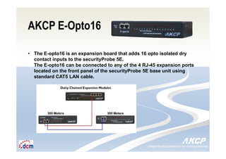 Intelligent Monitoring Solutions for Your Enterprise ResourcesIntelligent Monitoring Solutions for Your Enterprise Resources
AKCP E-Opto16
• The E-opto16 is an expansion board that adds 16 opto isolated dry
contact inputs to the securityProbe 5E.
The E-opto16 can be connected to any of the 4 RJ-45 expansion ports
located on the front panel of the securityProbe 5E base unit using
standard CAT5 LAN cable.
 