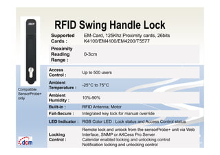 Intelligent Monitoring Solutions for Your Enterprise ResourcesIntelligent Monitoring Solutions for Your Enterprise Resources
RFID Swing Handle Lock
Supported
Cards :
EM-Card, 125Khz Proximity cards, 26bits
K4100/EM4100/EM4200/T5577
Proximity
Reading
Range :
0-3cm
Access
Control :
Up to 500 users
Ambient
Temperature :
-25°C to 75°C
Ambient
Humidity :
10%-90%
Built-in : RFID Antenna, Motor
Fail-Secure : Integrated key lock for manual override
LED Indicator : RGB Color LED : Lock status and Access Control status
Locking
Control :
Remote lock and unlock from the sensorProbe+ unit via Web
Interface, SNMP or AKCess Pro Server
Calendar enabled locking and unlocking control
Notification locking and unlocking control
Compatible
SensorProbe+
only
 