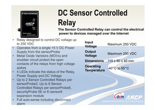 Intelligent Monitoring Solutions for Your Enterprise ResourcesIntelligent Monitoring Solutions for Your Enterprise Resources
DC Sensor Controlled
Relay
The Sensor Controlled Relay can control the electrical
power to devices managed over the Internet
• Relay designed to control DC voltage up
to 250 VDC
• Operates from a single +5 V DC Power
Supply from the sensorProbe
• Metal Oxide Varistors (MOVs) and
snubber circuit protect the open
contacts of the relays from high voltage
spikes
• 4 LEDs indicate the status of the Relay,
Power Supply and DC Voltage
• Up to 2 Sensor Controlled Relays per
sensorProbe2. Up to 8 Sensor
Controlled Relays per sensorProbe8,
securityProbe 5E or E-sensor8
expansion module
• Full auto-sense including disconnect
alarm
Input
Voltage
Maximum 250 VDC
Output
Voltage
Maximum 250 VDC
Dimensions 115 x 80 x 40 mm
Operating
Temperature
-40°C to 85°C
 