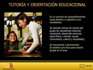 TUTORÍA Y ORIENTACIÓN EDUCACIONAL Es un servicio de acompañamiento socio-afectivo y cognitivo a los estudiantes. Se abordan temas de interés del grupo de estudiantes (elección vocacional, desarrollo personal, salud física y mental, ayuda comunitaria, cultura y actualidad).  Es transversal y permanente. Se destina una hora para tutoría grupal en el aula. 14/15 MINISTERIO DE EDUCACIÓN 