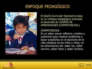 ENFOQUE PEDAGÓGICO El Diseño Curricular Nacional se basa en un enfoque pedagógico orientado al desarrollo de LOGROS DE APRENDIZAJES (COMPETENCIAS.) COMPETENCIAS:   Es un saber actuar reflexivo, creativo y autónomo para resolver problemas o lograr propósitos en el escenario de la vida cotidiana de los niños y niñas, en las dimensiones del: saber ser, saber convivir, saber hacer y saber conocer.  5/15 MINISTERIO DE EDUCACIÓN 