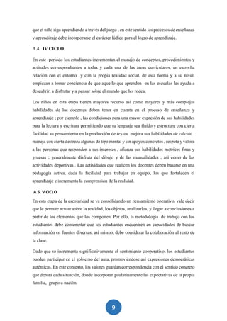 9
que el niño siga aprendiendo a través del juego , en este sentido los procesos de enseñanza
y aprendizaje debe incorporarse el carácter lúdico para el logro de aprendizaje.
A.4. IV CICLO
En este periodo los estudiantes incrementan el manejo de conceptos, procedimientos y
actitudes correspondientes a todas y cada una de las áreas curriculares, en estrecha
relación con el entorno y con la propia realidad social, de esta forma y a su nivel,
empiezan a tomar conciencia de que aquello que aprenden en las escuelas les ayuda a
descubrir, a disfrutar y a pensar sobre el mundo que les rodea.
Los niños en esta etapa tienen mayores recurso así como mayores y más complejas
habilidades de los docentes deben tener en cuenta en el proceso de enseñanza y
aprendizaje ; por ejemplo , las condiciones para una mayor expresión de sus habilidades
para la lectura y escritura permitiendo que su lenguaje sea fluido y estructure con cierta
facilidad su pensamiento en la producción de textos mejora sus habilidades de cálculo ,
maneja con cierta destreza algunas de tipo mental y sin apoyos concretos , respeta y valora
a las personas que responden a sus intereses , afianza sus habilidades motrices finas y
gruesas ; generalmente disfruta del dibujo y de las manualidades , así como de las
actividades deportivas . Las actividades que realicen los docentes deben basarse en una
pedagogía activa, dada la facilidad para trabajar en equipo, los que fortalecen el
aprendizaje e incrementa la comprensión de la realidad.
A.5. V CICLO
En esta etapa de la escolaridad se va consolidando un pensamiento operativo, vale decir
que le permite actuar sobre la realidad, los objetos, analizarlos, y llegar a conclusiones a
partir de los elementos que los componen. Por ello, la metodología de trabajo con los
estudiantes debe contemplar que los estudiantes encuentren en capacidades de buscar
información en fuentes diversas, así mismo, debe considerar la colaboración al resto de
la clase.
Dado que se incrementa significativamente el sentimiento cooperativo, los estudiantes
pueden participar en el gobierno del aula, promoviéndose así expresiones democráticas
auténticas. En este contexto, los valores guardan correspondencia con el sentido concreto
que depara cada situación, donde incorporan paulatinamente las expectativas de la propia
familia, grupo o nación.
 