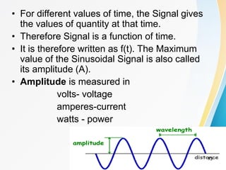 • For different values of time, the Signal gives
the values of quantity at that time.
• Therefore Signal is a function of time.
• It is therefore written as f(t). The Maximum
value of the Sinusoidal Signal is also called
its amplitude (A).
• Amplitude is measured in
volts- voltage
amperes-current
watts - power
13
 