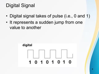 Digital Signal
• Digital signal takes of pulse (i.e., 0 and 1)
• It represents a sudden jump from one
value to another
8
 
