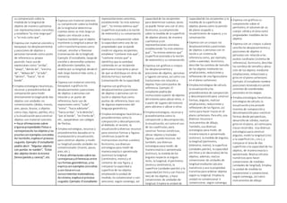 su comprensión sobre la
medida de la longitudde
objetos de manera cualitativa
con representaciones concretas,
y establece “es más largoque”
o “es más corto que”.
• Expresa con material concreto y
bosquejos los desplazamientos
y posiciones de objetos o
personas tomando como punto
de referencia su propia
posición; hace usode
expresiones como “arriba”,
“abajo”, “detrás de”, “encima
de”, “debajode”, “al lado”,
“dentro”, “fuera”, “en el
borde”.
• Emplea estrategias heurísticas,
recursos y procedimientos de
comparación para medir
directamente la longitudde dos
objetos con unidades no
convencionales (dedos, manos,
pies, pasos, brazos, y objetos
como clips, lápices, palillos, etc.)
y la visualizaciónpara construir
objetos con material concreto.
• Hace afirmaciones sobre
algunaspropiedades físicas o
semejanzasde los objetos y las
prueba conejemplos concretos.
Así también, explica el proceso
seguido. Ejemplo: El estudiante
podría decir: “Algunos objetos
con puntas no ruedan”, “Estos
dos objetos tienen la misma
forma (pelota y canica)”, etc.
• Expresa con material concreto
su comprensión sobre la medida
de la longitudal determinar
cuántas veces es más largoun
objeto con relación a otro.
Expresa tambiénque el objeto
mantiene sulongitud a pesar de
sufrir transformaciones como
romper, enrollar o flexionar
(conservación de la longitud).
Ejemplo: El estudiante, luego de
enrollar y desenrollar sorbetes
de diferentes tamaños, los
ordena por su longitud, desde el
más largo hasta el más corto, y
viceversa.
• Expresa con material concreto,
bosquejos o gráficos los
desplazamientos yposiciones
de objetos o personas con
relacióna un punto de
referencia; hace uso de
expresiones como “sube”,
“entra”, “hacia adelante”,
“hacia arriba”, “a la derecha”,
“por el borde”, “en frente de”,
etc., apoyándose con códigos
de flechas.
• Emplea estrategias, recursos y
procedimientos basados en la
manipulacióny visualización,
para construir objetos y medir
su longitudusando unidades no
convencionales (manos, pasos,
pies, etc.).
• Hace afirmaciones sobre las
semejanzasydiferencias entre
las formas geométricas, ylas
explica conejemplos concretos
y con base ensus
conocimientos matemáticos.
Asimismo, explica el proceso
seguido. Ejemplo: El estudiante
representaciones concretas,
estableciendo“es más extenso
que”, “es menos extenso que”
(superficie asociada a la noción
de extensión) y su conservación.
• Expresa sucomprensión sobre
la capacidadcomo una de las
propiedades que se puede
medir en algunos recipientes,
establece “contiene más que”,
“contiene menos que” e
identifica que la cantidad
contenida en un recipiente
permanece invariante a pesar
de que se distribuya en otros de
distinta forma y tamaño
(conservación de la capacidad).
• Expresa con gráficos los
desplazamientos yposiciones
de objetos o personas con re-
lacióna objetos fijos como
puntos de referencia; hace uso
de algunas expresiones del
lenguaje geométrico.
• Emplea estrategias heurísticas y
procedimientos como la
composición y descomposición,
el doblado, el recorte, la
visualizaciónydiversos recursos
para construir formas y figuras
simétricas (a partir de
instrucciones escritas uorales).
Asimismo, usa diversas
estrategias para medir de
manera exacta o aproximada
(estimar) la longitud
(centímetro, metro) y el
contorno de una figura, y
comparar la capacidad y
superficie de los objetos
empleandola unidad de
medida, no convencional o con-
vencional, segúnconvenga, así
capacidadde los recipientes
para determinar cuántas veces
se puede llenar uno con el otro.
Asimismo, sucomprensión
sobre la medida de la superficie
de objetos planos, de manera
cualitativa ycon
representaciones concretas
estableciendo“es más extenso
que”, “es menos extenso que”
(superficie asociada a la noción
de extensión) y su conservación.
• Expresa con gráficos o croquis
los desplazamientos y
posiciones de objetos, personas
y lugares cercanos, así como sus
traslaciones con relacióna
objetos fijos comopuntos de
referencia. Ejemplo: El
estudiante podría dar
instrucciones a partir de objetos
del entorno para ubicar otros, o
a partir de lugares del entorno
para ubicarse o ubicar a otros.
• Emplea estrategias, recursos y
procedimientos como la
composición y descomposición,
la visualización, así comoel uso
de las cuadrículas, para
construir formas simétricas,
ubicar objetos y trasladar
figuras, usandorecursos. Así
también, usa diversas
estrategias para medir, de
manera exacta o aproximada
(estimar), la medida de los
ángulos respecto al ángulo
recto, la longitud, el perímetro
(metroy centímetro), la
superficie (unidades patrón) y la
capacidad(en litroy con fraccio-
nes) de los objetos, y hace
conversiones de unidades de
longitud. Emplea la unidad de
capacidadde los recipientes y la
medida de la superficie de
objetos planos como la porción
de plano ocupado y
recubrimiento de espacio, y su
conservación.
• Expresa con un croquis los
desplazamientos yposiciones
de objetos o personas con re-
lacióna un sistema de
referencia como, por ejemplo,
calles oavenidas. Asimismo,
describe los cambios de tamaño
de los objetos mediante las
ampliaciones, reducciones y
reflexiones de una figura plana
en el plano cartesiano.
• Emplea estrategias de cálculo,
la visualizaciónylos
procedimientos de composición
y descomposiciónpara construir
formas, ángulos, realizar
ampliaciones, reducciones y
reflexiones de las figuras, así
como para hacer trazos en el
plano cartesiano. Para ello, usa
diversos recursos e
instrumentos de dibujo.
También, usa diversas
estrategias para medir, de
manera exacta o aproximada
(estimar), la medida de ángulos,
la longitud (perímetro,
kilómetro, metro), la superficie
(unidades patrón), la capacidad
(enlitros y en decimales) de los
objetos; además, realiza
conversiones de unidades de
longitud mediante cálculos
numéricos y usa la propiedad
transitiva para ordenar objetos
segúnsu longitud. Emplea la
unidad no convencional o
convencional, según convenga,
• Expresa con gráficos su
comprensión sobre el
perímetro, el volumende un
cuerpo sólidoy el área como
propiedades medibles de los
objetos.
• Expresa con un croquis o plano
sencillolos desplazamientos y
posiciones de objetos o
personas con relacióna los
puntos cardinales (sistema de
referencia). Asimismo, describe
los cambios de tamañoy ubica-
ción de los objetos mediante
ampliaciones, reducciones y
giros en el plano cartesiano.
Ejemplo: El estudiante nombra
posiciones teniendo en cuenta
sistemas de coordenadas
presentes en los mapas.
• Emplea estrategias heurísticas,
estrategias de cálculo, la
visualizaciónylos procedi-
mientos de composicióny
descomposiciónpara construir
formas desde perspectivas,
desarrollode sólidos, realizar
giros en el plano, así comopara
trazar recorridos. Usa diversas
estrategias para construir
ángulos, medir la longitud (cm)
y la superficie (m2, cm2), y
comparar el área de dos
superficies ola capacidad de los
objetos, de manera exacta o
aproximada. Realiza cálculos
numéricos para hacer
conversiones de medidas
(unidades de longitud). Emplea
la unidad de medida no
convencional o convencional,
segúnconvenga, así como
instrumentos de dibujo
 