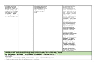 era su cuerpo, así como las
dificultades que tuvo para
observarlos y lo que haría para
estudiarlos mejor después de
esta experiencia. Podría dibujar
en una hoja lo que le pareció
más importante y, además,
comentar qué parte del trabajo
y de lo aprendido le gustó más.
procedimiento, los logros ylas
dificultadesque tuvodurante
su desarrollo. Propone algunas
mejoras. Da a conocer su
indagaciónenforma oral o
escrita.
sus conclusiones. Ejemplo: El
estudiante podría decir:
“Nuestra hipótesis es que las
plantas puestas en la oscuridad
mueren rápido y se les caen las
hojas”; “Experimentando, obtu-
vimos estos datos: a los ‘x’ días
las hojas de la planta cambiaron
de color, a los ‘y’ días el tallo de
la planta se dobló hacia la
fuente de luz”; “Según los libros,
el movimiento de las plantas
hacia la luz se llama
fototropismo positivo y su raíz
tiene fototropismo negativo”.
• Comunica sus conclusiones y
lo que aprendióusando
conocimientos científicos.
Evalúa si los procedimientos
seguidos en suindagación
ayudarona comprobar sus
hipótesis. Menciona las
dificultadesque tuvoypropone
mejoras. Da a conocer su
indagaciónenforma oral o
escrita. Ejemplo: El estudiante
podría decir: “Las plantas
buscan las fuentes de luz y a
eso se le llama fototropismo
positivo, por ello, se torció el
tallo hacia la fuente de luz”;
“Las plantas no mueren en la
oscuridad, pero el color de sus
hojas sí cambia”; “Tendríamos
que haber contado con una
planta igualita, pero expuesta a
la luz, para compararlas”.
COMPETENCIA: “EXPLICA EL MUNDO FÍSICO BASÁNDOSEEN CONOCIMIENTOS SOBRE
LOS SERES VIVOS, MATERIA Y ENERGÍA, BIODIVERSIDAD, TIERRA Y UNIVERSO”
CAPACIDADES:
 Comprende y usa conocimientos sobre los seres vivos, materia y energía, biodiversidad, Tierra y universo.
 Evalúa las implicancias del saber y del quehacer científico y tecnológico.
 