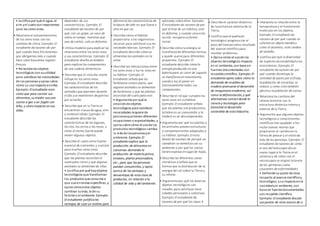 • Justifica por qué el agua, el
aire yel suelosonimportantes
para los seres vivos.
• Relaciona el comportamiento
de los seres vivos con los
cambios de clima. Ejemplo: El
estudiante da razones de por
qué cuando hace frío tenemos
que abrigarnos más y cuando
hace calor buscamos lugares
frescos.
• Relaciona los objetos
tecnológicos con suutilidad
para satisfacer las necesidades
de las personas yopina sobre
cómo su usoimpacta enellos.
Ejemplo: El estudiante men-
ciona que para cocinar sus
alimentos, su madre usa una
cocina a gas o un fogón con
leña, y cómo impacta en sus
vidas.
dependen de sus
características. Ejemplo: El
estudiante da razones de por
qué, con un golpe, un vaso de
vidrio se rompe; mientras que
uno de cartón, solo se deforma.
• Utiliza modelos para explicar las
relaciones entre los seres vivos
y sus características. Ejemplo: El
estudiante diseña un modelo
para explicar los componentes
de una cadena alimenticia.
• Describe que el ciclodía-noche
influye en los seres vivos.
Ejemplo: El estudiante describe
las características de los
animales que duermen durante
el día yse mantienen despiertos
por la noche.
• Describe que en la Tierra se
encuentran masas de agua, aire
y material sólido. Ejemplo: El
estudiante describe las
características de las lagunas,
los ríos, los cerros y las rocas, y
cómo el viento fuerte puede
mover algunos objetos.
• Describe el suelocomo fuente
esencial de nutrientes y sustrato
para muchos seres vivos.
Ejemplo: El estudiante describe
que las plantas necesitan el
suelo para crecer y que algunos
animales se alimentan de ellas.
• Justifica por qué hayobjetos
tecnológicos que transforman
los productos que consume o
que usa entareas específicas, y
opina cómoestos objetos
cambian suvida, la de su
familia o el ambiente. Ejemplo:
El estudiante justifica las
ventajas de usar un molino para
diferencia las características de
la época del año en que llueve y
otra en que no.
• Describe cómo el hábitat
proporciona a los organismos
recursos para satisfacer sus ne-
cesidades básicas. Ejemplo: El
estudiante describe cómo se
alimentan los animales en la
selva.
• Describe las interacciones entre
los seres vivos y los no vivos en
su hábitat. Ejemplo: El
estudiante señala que los
herbívoros comen pasto, que
algunos animales se alimentan
de herbívoros y que las plantas
necesitan del suelo para vivir.
• Argumenta por qué la
creaciónde objetos
tecnológicos para satisfacer
necesidades requiere de
personasque tienen diferentes
ocupaciones o especialidades, y
opina sobre cómo el usode los
productos tecnológicos cambia
la vida de laspersonasyel
ambiente. Ejemplo: El
estudiante explica que la
producción de alimentos en
conservas demanda la
producción de materia prima,
envases, planta procesadora,
etc., para que las personas
puedan consumirlos, y opina
acerca de las ventajas y
desventajas de esta clase de
productos, en relación a la
calidad de vida y del ambiente.
aplicadas sobre ellos. Ejemplo:
El estudiante da razones de por
qué al tirar de un elástico, este
se deforma, y cuando cesa esta
acción, recupera su forma
inicial.
• Describe cómo la energía se
manifiesta de diferentes formas
y puede usarse para diferentes
propósitos. Ejemplo: El
estudiante describe cómo la
energía producida en una
batería para un carro de juguete
se manifiesta en movimiento,
sonido y luz al poner en
funcionamiento todos sus
componentes.
• Describe el rol que cumplenlos
seres vivos en suhábitat.
Ejemplo: El estudiante señala
que las plantas son productores,
la liebre es un consumidor y la
lombriz es un descomponedor.
• Argumenta por qué las plantas y
los animales poseenestructuras
y comportamientos adaptados a
su hábitat. Ejemplo: El estu-
diante da razones de por qué un
camaleón se mimetiza con su
ambiente o por qué los cactus
tienen espinas en lugar de hojas.
• Describe las diferentes zonas
climáticas yseñala que se
formanpor la distribución de la
energía del sol sobre la Tierra y
su relieve.
• Argumenta por qué los diversos
objetos tecnológicos son
creados para satisfacer nece-
sidades personales y colectivas.
Ejemplo: El estudiante da
razones de por qué los rayos X
• Describe el carácter dinámico
de la estructura externa de la
Tierra.
• Justifica que el quehacer
tecnológico progresa con el
paso del tiempocomo resultado
del avance científicopara
resolver problemas.
• Opina cómo el usode los
objetos tecnológicos impacta
en el ambiente, con base en
fuentes documentadas con
respaldocientífico. Ejemplo: El
estudiante opina sobre cómo la
demanda de muebles de
madera promueve el desarrollo
de maquinaria maderera, así
como la deforestación, y qué
alternativas existen desde la
ciencia y tecnología para
fomentar el desarrollo
sostenible de esta industria.
• Interpreta la relaciónentre la
temperatura y el movimiento
molecular en los objetos.
Ejemplo: El estudiante da
razones de por qué cuando se
calienta un objeto metálico
como el aluminio, este cambia
de tamaño.
• Justifica por qué la diversidad
de especies da estabilidada los
ecosistemas. Ejemplo: El
estudiante da razones de por
qué cuando disminuye la
cantidad de pasto por el friaje,
la población de vizcachas se
reduce, y cómo esto también
afecta a la población de zorros.
• Relaciona los cambios del
relieve terrestre con la
estructura dinámica interna y
externa de la Tierra.
• Argumenta que algunos objetos
tecnológicos y conocimientos
científicos hanayudado a for-
mular nuevas teorías que
propiciaron el cambioen la
forma de pensar y el estilode
vida de las personas. Ejemplo: El
estudiante da razones de cómo
el uso del telescopio dio un
nuevo lugar a la Tierra en el
universo y de cómo con el
microscopio se originó la teoría
de los gérmenes como
causantes de enfermedades.
• Defiende su punto de vista
respecto al avance científicoy
tecnológico, ysuimpactoenla
sociedadyel ambiente, con
base en fuentesdocumentadas
con respaldo científico.
Ejemplo: El estudiante discute
sus puntos de vista acerca de si
 