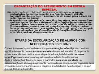 ORGANIZAÇÃO DO ATENDIMENTO EM ESCOLA
ESPECIAL
A partir do desenvolvimento apresentado pelo aluno, a equipe
pedagógica da escola especial e a família devem decidir
conjuntamente quanto à transferência do aluno para escola da
rede regular de ensino.
As escolas da rede privada, sem fins lucrativos, que necessitam
pleitear apoio técnico e financeiro dos órgãos governamentais
devem credenciar-se para tal; as escolas da rede privada, com
fins lucrativos, assim como as anteriormente citadas, devem
ter o acompanhamento e a avaliação do órgão gestor e cumprir
as determinações dos Conselhos de Educação similares às
previstas para as demais escolas.
ETAPAS DA ESCOLARIZAÇÃO DE ALUNOS COM
NECESSIDADES ESPECIAIS
O atendimento educacional oferecido pela educação infantil pode contribuir
significativamente para o sucesso escolar desses educandos. É importante
prover a escola que realiza esse etapa da educação básica de recursos
tecnológicos e humanos adequados à diversidade das demandas.
Após a educação infantil - ou seja, a partir dos seis anos de idade - a
escolarização do aluno que apresenta necessidades educacionais especiais deve
processar-se nos mesmos níveis, etapas e modalidades de educação e ensino
que os demais educandos.
 