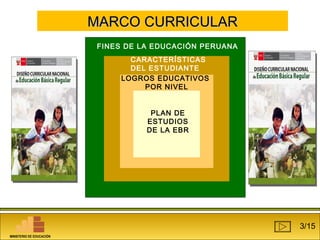 MMAARRCCOO CCUURRRRIICCUULLAARR 
FINES DE LA EDUCACIÓN PERUANA 
CARACTERÍSTICAS 
DEL ESTUDIANTE 
LOGROS EDUCATIVOS 
POR NIVEL 
PLAN DE 
ESTUDIOS 
DE LA EBR 
MINISTERIO DE EDUCACIÓN 
3/15 
 