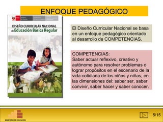 EENNFFOOQQUUEE PPEEDDAAGGÓÓGGIICCOO 
MINISTERIO DE EDUCACIÓN 
El Diseño Curricular Nacional se basa 
en un enfoque pedagógico orientado 
al desarrollo de COMPETENCIAS. 
COMPETENCIAS: 
Saber actuar reflexivo, creativo y 
autónomo para resolver problemas o 
lograr propósitos en el escenario de la 
vida cotidiana de los niños y niñas, en 
las dimensiones del: saber ser, saber 
convivir, saber hacer y saber conocer. 
5/15 
 