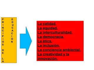 P E 
R D 
I U 
N C 
C A 
I C 
P I 
I Ó 
O N 
S 
DE 
L 
A 
La calidad, 
La equidad, 
La interculturalidad, 
La democracia, 
La ética, 
La inclusión, 
La conciencia ambiental, 
La creatividad y la 
innovación, 
 