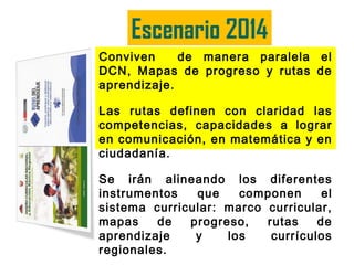 Escenario 2014 
Conviven de manera paralela el 
DCN, Mapas de progreso y rutas de 
aprendizaje. 
Las rutas definen con claridad las 
competencias, capacidades a lograr 
en comunicación, en matemática y en 
ciudadanía. 
Se irán alineando los diferentes 
instrumentos que componen el 
sistema curricular: marco curricular, 
mapas de progreso, rutas de 
aprendizaje y los currículos 
regionales. 
 