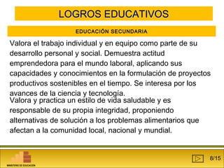 LLOOGGRROOSS EEDDUUCCAATTIIVVOOSS 
Al concluir la EBR se concretan estas características en logros 
educativos por niveles EDUCACIÓN SECUNDARIA 
Valora el trabajo individual y en equipo como parte de su 
desarrollo personal y social. Demuestra actitud 
emprendedora para el mundo laboral, aplicando sus 
capacidades y conocimientos en la formulación de proyectos 
productivos sostenibles en el tiempo. Se interesa por los 
avances de la ciencia y tecnología. 
Valora y practica un estilo de vida saludable y es 
responsable de su propia integridad, proponiendo 
alternativas de solución a los problemas alimentarios que 
afectan a la comunidad local, nacional y mundial. 
MINISTERIO DE EDUCACIÓN 
8/15 
 