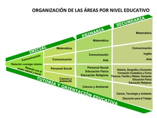 ORGANIZACIÓN DE LAS ÁREAS POR NIVEL EDUCATIVO 
SECUNDARIA 
PRIMARIA INICIAL Matemática 
Comunicación 
Comunicación 
Personal Social 
TUTORÍA Ciencia y 
ambiente 
Y ORIENTACIÓN EDUCATIVA 
Educación para el Trabajo Matemática 
Comunicación 
Arte 
Personal Social 
Educación Física 
Educación Religiosa 
Ciencia y Ambiente 
Matemática 
Comunicación 
Inglés 
Arte 
Historia, Geografía y Economía 
Formación Ciudadana y Cívica 
Persona, Familia y Relacs. Humanas 
Educación Física 
Educación Religiosa 
Ciencia, Tecnología y Ambiente 
Relación consigo mismo 
Relación con el 
medio natural y social 
 