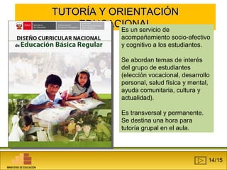 TTUUTTOORRÍÍAA YY OORRIIEENNTTAACCIIÓÓNN 
EEDDUUCCAACCIIOONNAALL 
MINISTERIO DE EDUCACIÓN 
Es un servicio de 
acompañamiento socio-afectivo 
y cognitivo a los estudiantes. 
Se abordan temas de interés 
del grupo de estudiantes 
(elección vocacional, desarrollo 
personal, salud física y mental, 
ayuda comunitaria, cultura y 
actualidad). 
Es transversal y permanente. 
Se destina una hora para 
tutoría grupal en el aula. 
14/15 
 