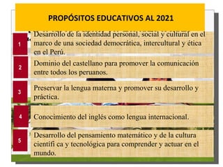 Desarrollo de la identidad personal, social y cultural en el 
marco de una sociedad democrática, intercultural y ética 
en el Perú. 
Dominio del castellano para promover la comunicación 
entre todos los peruanos. 
Preservar la lengua materna y promover su desarrollo y 
práctica. 
Conocimiento del inglés como lengua internacional. 
Desarrollo del pensamiento matemático y de la cultura 
científi ca y tecnológica para comprender y actuar en el 
mundo. 
1 
2 
3 
4 
5 
PROPÓSITOS EDUCATIVOS AL 2021 
 