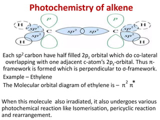 Photochemistry of alkene
Each sp2 carbon have half filled 2pz orbital which do co-lateral
overlapping with one adjacent c-...