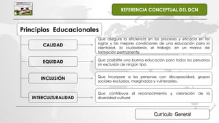 Currículo General
REFERENCIA CONCEPTUAL DEL DCN
Principios Educacionales
CALIDAD
EQUIDAD
INCLUSIÓN
INTERCULTURALIDAD
Que asegure la eficiencia en los procesos y eficacia en los
logros y las mejores condiciones de una educación para la
identidad, la ciudadanía, el trabajo; en un marco de
formación permanente
Que posibilite una buena educación para todos los peruanos
sin exclusión de ningún tipo.
Que incorpore a las personas con discapacidad, grupos
sociales excluidos, marginados y vulnerables.
Que contribuya al reconocimiento y valoración de la
diversidad cultural
 