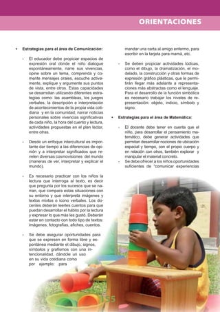 Estrategias para el área de Comunicación:•
- El educador debe propiciar espacios de
expresión oral donde el niño dialogue
espontáneamente, narre sus vivencias,
opine sobre un tema, comprenda y co-
mente mensajes orales, escuche activa-
mente, explique y argumente sus puntos
de vista, entre otros. Estas capacidades
se desarrollan utilizando diferentes estra-
tegias como: las asambleas, los juegos
verbales, la descripción e interpretación
de acontecimientos de la propia vida coti-
diana y en la comunidad; narrar noticias
personales sobre vivencias signiﬁcativas
de cada niño, la hora del cuento y lectura,
actividades propuestas en el plan lector,
entre otras.
- Desde un enfoque intercultural es impor-
tante dar tiempo a las diferencias de opi-
nión y a interpretar signiﬁcados que re-
velen diversas cosmovisiones del mundo
(maneras de ver, interpretar y explicar el
mundo).
- Es necesario practicar con los niños la
lectura que interroga al texto, es decir
que pregunta por los sucesos que se na-
rran, que compara estas situaciones con
su entorno y que interpreta imágenes y
textos mixtos o icono verbales. Los do-
centes deberán leerles cuentos para que
puedan desarrollar el hábito por la lectura
y expresar lo que más les gustó. Deberán
estar en contacto con todo tipo de textos:
imágenes, fotografías, aﬁches, cuentos.
- Se debe asegurar oportunidades para
que se expresen en forma libre y es-
pontánea mediante el dibujo, signos,
símbolos y graﬁsmos con una in-
tencionalidad, dándole un uso
en su vida cotidiana como
por ejemplo: para
mandar una carta al amigo enfermo, para
escribir en la tarjeta para mamá, etc.
- Se deben propiciar actividades lúdicas,
como el dibujo, la dramatización, el mo-
delado, la construcción y otras formas de
expresión gráﬁco plásticas, que le permi-
tirán llegar más adelante a representa-
ciones más abstractas como el lenguaje.
Para el desarrollo de la función simbólica
es necesario trabajar los niveles de re-
presentación: objeto, indicio, símbolo y
signo.
Estrategias para el área de Matemática:•
- El docente debe tener en cuenta que el
niño, para desarrollar el pensamiento ma-
temático, debe generar actividades que
permitan desarrollar nociones de ubicación
espacial y tiempo, con el propio cuerpo y
en relación con otros, también explorar y
manipular el material concreto.
- Se debe ofrecer a los niños oportunidades
suﬁcientes de “comunicar experiencias
155
ORIENTACIONES
 