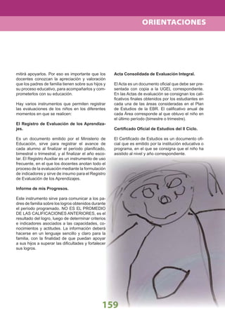 159
mitirá apoyarlos. Por eso es importante que los
docentes conozcan la apreciación y valoración
que los padres de familia tienen sobre sus hijos y
su proceso educativo, para acompañarlos y com-
prometerlos con su educación.
Hay varios instrumentos que permiten registrar
las evaluaciones de los niños en los diferentes
momentos en que se realicen:
El Registro de Evaluación de los Aprendiza-
jes.
Es un documento emitido por el Ministerio de
Educación, sirve para registrar el avance de
cada alumno al ﬁnalizar el período planiﬁcado,
bimestral o trimestral, y al ﬁnalizar el año esco-
lar. El Registro Auxiliar es un instrumento de uso
frecuente, en el que los docentes anotan todo el
proceso de la evaluación mediante la formulación
de indicadores y sirve de insumo para el Registro
de Evaluación de los Aprendizajes.
Informe de mis Progresos.
Este instrumento sirve para comunicar a los pa-
dres de familia sobre los logros obtenidos durante
el período programado. NO ES EL PROMEDIO
DE LAS CALIFICACIONES ANTERIORES, es el
resultado del logro, luego de determinar criterios
e indicadores asociados a las capacidades, co-
nocimientos y actitudes. La información deberá
hacerse en un lenguaje sencillo y claro para la
familia, con la ﬁnalidad de que puedan apoyar
a sus hijos a superar las diﬁcultades y fortalecer
sus logros.
Acta Consolidada de Evaluación Integral.
El Acta es un documento oﬁcial que debe ser pre-
sentada con copia a la UGEL correspondiente.
En las Actas de evaluación se consignan los cali-
ﬁcativos ﬁnales obtenidos por los estudiantes en
cada una de las áreas consideradas en el Plan
de Estudios de la EBR. El caliﬁcativo anual de
cada Área corresponde al que obtuvo el niño en
el último período (bimestre o trimestre).
Certiﬁcado Oﬁcial de Estudios del II Ciclo.
El Certiﬁcado de Estudios es un documento oﬁ-
cial que es emitido por la institución educativa o
programa, en el que se consigna que el niño ha
asistido al nivel y año correspondiente.
ORIENTACIONES
 