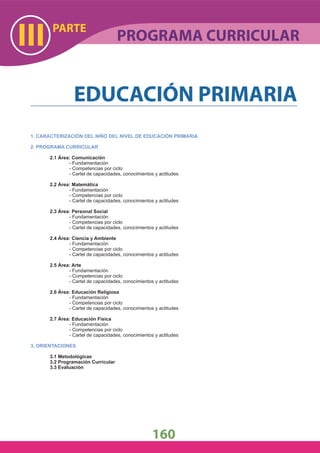1. CARACTERIZACIÓN DEL NIÑO DEL NIVEL DE EDUCACIÓN PRIMARIA
2. PROGRAMA CURRICULAR
2.1 Área: Comunicación
- Fundamentación
- Competencias por ciclo
- Cartel de capacidades, conocimientos y actitudes
2.2 Área: Matemática
- Fundamentación
- Competencias por ciclo
- Cartel de capacidades, conocimientos y actitudes
2.3 Área: Personal Social
- Fundamentación
- Competencias por ciclo
- Cartel de capacidades, conocimientos y actitudes
2.4 Área: Ciencia y Ambiente
- Fundamentación
- Competencias por ciclo
- Cartel de capacidades, conocimientos y actitudes
2.5 Área: Arte
- Fundamentación
- Competencias por ciclo
- Cartel de capacidades, conocimientos y actitudes
2.6 Área: Educación Religiosa
- Fundamentación
- Competencias por ciclo
- Cartel de capacidades, conocimientos y actitudes
2.7 Área: Educación Física
- Fundamentación
- Competencias por ciclo
- Cartel de capacidades, conocimientos y actitudes
3. ORIENTACIONES
3.1 Metodológicas
3.2 Programación Curricular
3.3 Evaluación
EDUCACIÓN PRIMARIA
PARTE
III
160
PROGRAMA CURRICULAR
 