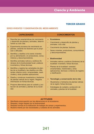 241
TERCER GRADO
SERES VIVIENTES Y CONSERVACIÓN DEL MEDIO AMBIENTE
CAPACIDADES
Describe las características de crecimiento
y desarrollo de plantas y animales, determi-
nando su ciclo vital.
Experimenta procesos de crecimiento en
plantas, variando los factores que lo propi-
cian o diﬁcultan.
Identiﬁca y clasiﬁca a los seres vivientes
por su alimentación, en productores, consu-
midores y descomponedores.
Identiﬁca animales nativos y exóticos (fo-
ráneos) de la biodiversidad local y elabora
inventarios y ﬁchas técnicas.
Identiﬁca y registra las variedades de plan-
tas de su localidad y las clasiﬁca con dife-
rentes criterios como: ornamentales, medi-
cinales y otras posibles aplicaciones.
Diseña y construye muestrarios o herbarios
de plantas nativas de su región. Registra
información en ﬁchas técnicas.
Propone alternativas para el cuidado y pro-
tección de animales y plantas de su locali-
dad.
CONOCIMIENTOS
ACTITUDES
Maniﬁesta preocupación por las alteraciones en el ecosistema.
Respeta y exige respeto por la biodiversidad.
Respeta normas en la realización de trabajos de campo y experimentos.
Muestra interés por las necesidades y cuidados de los animales.
Ecosistema
• Crecimiento y desarrollo de plantas y
animales: ciclo vital.
Crecimiento de plantas: factores.•
Seres vivientes: productores, consumidores•
y descomponedores.
Biodiversidad
• Animales nativos y exóticos (foráneos) de la
localidad: inventario, ﬁchas técnicas.
• Plantas de la localidad: variedad;
ornamentales, medicinales y otras
aplicaciones, técnicas o criterios de registro
y clasiﬁcación.
Tecnología y conservación de la vida
Muestrarios o herbarios de plantas nativas•
de la región; ﬁchas técnicas.
Estrategias de cuidado y protección de•
animales y plantas de la localidad.
Ciencia y Ambiente
 
