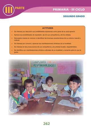 PARTE
III
262
PRIMARIA - III CICLO
SEGUNDO GRADO
ACTITUDES
Se interesa por descubrir sus posibilidades expresivas como parte de su auto-aprecio.
Aprecia sus posibilidades de expresión, las de sus compañeros y de los artistas.
Demuestra interés en conocer e identiﬁcar las diversas características de su entorno natural y
cultural.
Se interesa por conocer y apreciar las manifestaciones artísticas de su localidad.
Se interesa en las producciones de sus compañeros y de artistas locales, respetándolos.
Se identiﬁca con manifestaciones artístico-culturales de su localidad y comenta sobre lo que le
gusta.
 