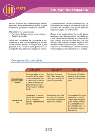 272
PARTE
III
sentido, el desafío de la clase de religión será en-
señarles a mirar la realidad con ojos de fe, para
interpretarla y conectarla con la vida concreta.
El área tiene dos organizadores:
- Formación de la conciencia moral cristiana.
- Testimonio de vida.
Desde esta perspectiva, es fundamental el tes-
timonio de fe y de vida del docente y el ambien-
te comunitario, fraterno y dialógico que pueda
gestarse en su sesión de clase, propiciando un
diálogo abierto y respetuoso, acogiendo a todos,
y presentando con claridad los contenidos y ca-
racterísticas del proyecto de vida que surge del
Evangelio de Jesucristo, para que los estudian-
tes puedan, optar por él libremente.
Debido a las características de nuestra época,
las situaciones y disposiciones de los estudiantes
frente a la propuesta religiosa, son diversas. En
cada colegio, e incluso en cada grado, se pue-
den encontrar distintas opciones religiosas y di-
ferentes niveles de participación y vivencia. Co-
rresponde al docente conocer estas situaciones y
elaborar la propuesta más acorde a su realidad.
FORMACIÓN DE LA
CONCIENCIA MORAL
CRISTIANA
TESTIMONIO DE
VIDA
Reconoce el plan amoro-
so de Dios Padre para la
humanidad expresado en
la creación del mundo, en
la del ser humano a ima-
gen y semejanza suya, y
en su encuentro personal
con él.
Coopera en la conser-
vación de la naturaleza
y en el cuidado y
defensa de toda forma
de vida.
Reconoce el amor de
Dios Padre, revelado en
Jesús, y su mensaje de
Salvación para todos.
Muestra signos de valo-
res y virtudes cristianas,
en acciones concretas de
convivencia humana.
Comprende el Plan Sal-
vador de Dios asumiendo
una nueva forma de vivir
su fe.
Testimonia su fe, compro-
metiéndose a construir
una sociedad más justa
y más humana, median-
te la promoción de los
Derechos Humanos y la
práctica de los Valores
Evangélicos.
CICLO III CICLO IV CICLO V
Competencias por ciclo
EDUCACIÓN PRIMARIA
 