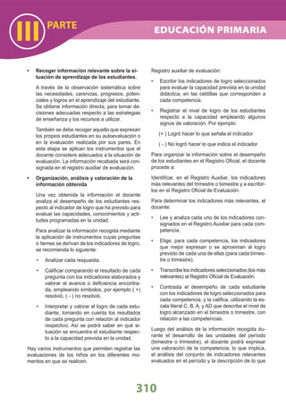310
PARTE
III
Recoger información relevante sobre la si-•
tuación de aprendizaje de los estudiantes.
A través de la observación sistemática sobre
las necesidades, carencias, progresos, poten-
ciales y logros en el aprendizaje del estudiante.
Se obtiene información directa, para tomar de-
cisiones adecuadas respecto a las estrategias
de enseñanza y los recursos a utilizar.
También se debe recoger aquello que expresan
los propios estudiantes en su autoevaluación o
en la evaluación realizada por sus pares. En
esta etapa se aplican los instrumentos que el
docente considere adecuados a la situación de
evaluación. La información recabada será con-
signada en el registro auxiliar de evaluación.
Organización, análisis y valoración de la•
información obtenida
Una vez obtenida la información el docente
analiza el desempeño de los estudiantes res-
pecto al indicador de logro que ha previsto para
evaluar las capacidades, conocimientos y acti-
tudes programadas en la unidad.
Para analizar la información recogida mediante
la aplicación de instrumentos cuyas preguntas
o ítemes se derivan de los indicadores de logro,
se recomienda lo siguiente:
Analizar cada respuesta.•
Caliﬁcar comparando el resultado de cada•
pregunta con los indicadores elaborados y
valorar el avance o deﬁciencia encontra-
da, empleando símbolos, por ejemplo ( +)
resolvió, ( - ) no resolvió.
Interpretar y valorar el logro de cada estu-•
diante, tomando en cuenta los resultados
de cada pregunta con relación al indicador
respectivo. Así se podrá saber en qué si-
tuación se encuentra el estudiante respec-
to a la capacidad prevista en la unidad.
Hay varios instrumentos que permiten registrar las
evaluaciones de los niños en los diferentes mo-
mentos en que se realicen.
Registro auxiliar de evaluación:
Escribir los indicadores de logro seleccionados•
para evaluar la capacidad prevista en la unidad
didáctica, en las celdillas que corresponden a
cada competencia.
Registrar el nivel de logro de los estudiantes•
respecto a la capacidad empleando algunos
signos de valoración. Por ejemplo:
(+ ) Logró hacer lo que señala el indicador
( - ) No logró hacer lo que indica el indicador
Para organizar la información sobre el desempeño
de los estudiantes en el Registro Oﬁcial, el docente
procede a:
Identiﬁcar, en el Registro Auxiliar, los indicadores
más relevantes del trimestre o bimestre y a escribir-
los en el Registro Oﬁcial de Evaluación.
Para determinar los indicadores más relevantes, el
docente:
Lee y analiza cada uno de los indicadores con-•
signados en el Registro Auxiliar para cada com-
petencia.
Elige, para cada competencia, los indicadores•
que mejor expresan o se aproximan al logro
previsto de cada una de ellas (para cada bimes-
tre o trimestre).
Transcribe los indicadores seleccionados (los más•
relevantes) al Registro Oﬁcial de Evaluación.
Contrasta el desempeño de cada estudiante•
con los indicadores de logro seleccionados para
cada competencia, y la caliﬁca, utilizando la es-
cala literal C, B, A, y AD que describe el nivel de
logro alcanzado en el bimestre o trimestre, con
relación a las competencias.
Luego del análisis de la información recogida du-
rante el desarrollo de las unidades del período
(bimestre o trimestre), el docente podrá expresar
una valoración de la competencia, lo que implica,
el análisis del conjunto de indicadores relevantes
evaluados en el período y la descripción de lo que
EDUCACIÓN PRIMARIA
 