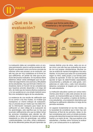 52
PARTE
II
La evaluación debe ser concebida como un pro-
ceso permanente, para lo cual las escalas de cali-
ﬁcación se plantean como una forma concreta de
informar cómo ese proceso va en evolución, por
ello hay que ser muy cuidadosos en la forma en
que caliﬁcamos, sin perder de vista que es pro-
ducto del proceso evaluativo. En la práctica diaria
debemos utilizar varias estrategias que nos per-
mitan dar seguimiento a los avances y diﬁcultades
de los estudiantes, hay que formular criterios e in-
dicadores claros en función de las competencias
que hayamos previsto desarrollar a lo largo del
año, de modo que de manera efectiva evaluemos
y no nos quedemos en una simple medición poco
ﬁel a los verdaderos logros de los estudiantes.
La existencia de una escala de caliﬁcación que
no es común a los tres niveles, no invalida que
manejemos un mismo enfoque de evaluación,
hay un proceso de por medio que nos debe brin-
dar la información necesaria para hacer de la
caliﬁcación un claro reﬂejo de la evaluación de
los aprendizajes, esto signiﬁca que no hay que
acumular caliﬁcaciones sino que se deben tomar
las acciones inmediatas para atender las diﬁ-
cultades de un estudiante de manera oportuna,
respetando su ritmo de aprendizaje, sus estilos
y particularidades. Los niños, niñas y adolescen-
tes de las diferentes partes del país aprenden de
manera distinta unos de otros, cada uno es un
ser único y por ello hay que evaluarlos de acuer-
do con sus propias características. Muchas ve-
ces se evalúa de manera homogénea a los estu-
diantes, no se prevé que cada uno va avanzando
según su ritmo, estilo propio y sus formas parti-
culares de aprender. Si bien es cierto debemos
apuntar al logro de determinadas capacidades,
conocimientos y actitudes en cada grado, com-
petencias en cada ciclo y cada nivel educativo,
debemos considerar el respeto por la situación
de cada estudiante.
La institución educativa cuenta con varios instru-
mentos para llevar a cabo este proceso de eva-
luación, es imprescindible que en todos los nive-
les se brinde a los padres y madres de familia y
a los estudiantes, una evaluación descriptiva que
clariﬁque la caliﬁcación obtenida a lo largo de los
períodos escolares.
Un aspecto fundamental en los tres niveles, es
la necesidad de considerar que si bien hay cali-
ﬁcaciones al ﬁnal de los períodos, éstas no de-
ben considerarse solo como un simple promedio,
porque ello desvirtúa la esencia misma de la eva-
luación y su razón de ser. Hay que explicar a los
estudiantes y familias cómo funciona la evalua-
ción y ser consecuente en su aplicación.
Permite al
docente
observar
recoger
describir
analizar
explicar
Información
importante
acerca de:
del estudiante
posibilidades
necesidades
logros
con la
ﬁnalidad de
reﬂexionar
valorar
tomar decisiones
oportunas
para
mejorar
LA ENSEÑANZA
EL APRENDIZAJE
Proceso que forma parte de la
enseñanza y del aprendizaje
¿Qué es la
evaluación?
 