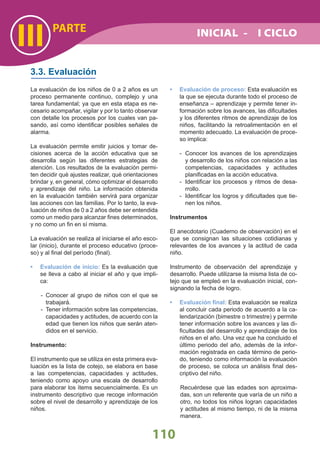 PARTE
III
110
La evaluación de los niños de 0 a 2 años es un
proceso permanente continuo, complejo y una
tarea fundamental; ya que en esta etapa es ne-
cesario acompañar, vigilar y por lo tanto observar
con detalle los procesos por los cuales van pa-
sando, así como identiﬁcar posibles señales de
alarma.
La evaluación permite emitir juicios y tomar de-
cisiones acerca de la acción educativa que se
desarrolla según las diferentes estrategias de
atención. Los resultados de la evaluación permi-
ten decidir qué ajustes realizar, qué orientaciones
brindar y, en general, cómo optimizar el desarrollo
y aprendizaje del niño. La información obtenida
en la evaluación también servirá para organizar
las acciones con las familias. Por lo tanto, la eva-
luación de niños de 0 a 2 años debe ser entendida
como un medio para alcanzar ﬁnes determinados,
y no como un ﬁn en sí misma.
La evaluación se realiza al iniciarse el año esco-
lar (inicio), durante el proceso educativo (proce-
so) y al ﬁnal del período (ﬁnal).
Evaluación de inicio:• Es la evaluación que
se lleva a cabo al iniciar el año y que impli-
ca:
- Conocer al grupo de niños con el que se
trabajará.
- Tener información sobre las competencias,
capacidades y actitudes, de acuerdo con la
edad que tienen los niños que serán aten-
didos en el servicio.
Instrumento:
El instrumento que se utiliza en esta primera eva-
luación es la lista de cotejo, se elabora en base
a las competencias, capacidades y actitudes,
teniendo como apoyo una escala de desarrollo
para elaborar los ítems secuencialmente. Es un
instrumento descriptivo que recoge información
sobre el nivel de desarrollo y aprendizaje de los
niños.
3.3. Evaluación
Evaluación de proceso:• Esta evaluación es
la que se ejecuta durante todo el proceso de
enseñanza – aprendizaje y permite tener in-
formación sobre los avances, las diﬁcultades
y los diferentes ritmos de aprendizaje de los
niños, facilitando la retroalimentación en el
momento adecuado. La evaluación de proce-
so implica:
- Conocer los avances de los aprendizajes
y desarrollo de los niños con relación a las
competencias, capacidades y actitudes
planiﬁcadas en la acción educativa.
- Identiﬁcar los procesos y ritmos de desa-
rrollo.
- Identiﬁcar los logros y diﬁcultades que tie-
nen los niños.
Instrumentos
El anecdotario (Cuaderno de observación) en el
que se consignan las situaciones cotidianas y
relevantes de los avances y la actitud de cada
niño.
Instrumento de observación del aprendizaje y
desarrollo. Puede utilizarse la misma lista de co-
tejo que se empleó en la evaluación inicial, con-
signando la fecha de logro.
Evaluación ﬁnal:• Esta evaluación se realiza
al concluir cada periodo de acuerdo a la ca-
lendarización (bimestre o trimestre) y permite
tener información sobre los avances y las di-
ﬁcultades del desarrollo y aprendizaje de los
niños en el año. Una vez que ha concluido el
último periodo del año, además de la infor-
mación registrada en cada término de perio-
do, teniendo como información la evaluación
de proceso, se coloca un análisis ﬁnal des-
criptivo del niño.
Recuérdese que las edades son aproxima-
das, son un referente que varía de un niño a
otro, no todos los niños logran capacidades
y actitudes al mismo tiempo, ni de la misma
manera.
INICIAL - I CICLO
 