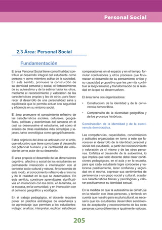 205
El área Personal Social tiene como ﬁnalidad con-
tribuir al desarrollo integral del estudiante como
persona y como miembro activo de la sociedad.
En este sentido, promueve la construcción de
su identidad personal y social, el fortalecimiento
de su autoestima y de la estima hacia los otros,
mediante el reconocimiento y valoración de las
características propias y las de otros, para favo-
recer el desarrollo de una personalidad sana y
equilibrada que le permita actuar con seguridad
y eﬁciencia en su entorno social.
El área promueve el conocimiento reﬂexivo de
las características sociales, culturales, geográ-
ﬁcas, políticas y económicas del contexto en el
cual se desenvuelve el estudiante, así como el
análisis de otras realidades más complejas y le-
janas, tanto cronológica como geográﬁcamente.
Estos objetivos del área se articulan con el enfo-
que educativo que tiene como base el desarrollo
del potencial humano y la centralidad del estu-
diante como actor de su desarrollo.
El área propicia el desarrollo de las dimensiones
cognitiva, afectiva y social de los estudiantes en
permanente interacción e interrelación con el
contexto socio-cultural y natural, favoreciendo de
este modo, el conocimiento reﬂexivo de sí mismo
y de la realidad en la que se desenvuelve. En
este sentido, construye aprendizajes signiﬁcati-
vos en interacción con los otros, en la familia, en
la escuela, en la comunidad; y en interacción con
el contexto geográﬁco y ecológico.
En el trabajo pedagógico, el docente requiere
poner en práctica estrategias de enseñanza y
de aprendizaje que permitan a los estudiantes:
indagar, analizar, interpretar, explicar, establecer
comparaciones en el espacio y en el tiempo, for-
mular conclusiones y otros procesos que favo-
rezcan el desarrollo de su pensamiento crítico y
su capacidad propositiva que les permita contri-
buir al mejoramiento y transformación de la reali-
dad en la que se desenvuelven.
El área tiene dos organizadores:
Construcción de la identidad y de la convi-•
vencia democrática.
Comprensión de la diversidad geográﬁca y•
de los procesos históricos.
Construcción de la identidad y de la convi-
vencia democrática.
Las competencias, capacidades, conocimientos
y actitudes organizadas en torno a este eje fa-
vorecen el desarrollo de la identidad personal y
social del estudiante, a partir del reconocimiento
y valoración de sí mismo y de las otras perso-
nas. Enfatiza el desarrollo de la autoestima, lo
que implica que todo docente debe crear condi-
ciones pedagógicas, en el aula y en la escuela,
para que cada estudiante logre conocerse y va-
lorarse positivamente, tener conﬁanza y seguri-
dad en sí mismo, expresar sus sentimientos de
pertenencia a un grupo social y cultural, aceptar
sus características físicas y psicológicas y valo-
rar positivamente su identidad sexual.
En la medida en que la autoestima se construye
en la relación con otras personas, y teniendo en
cuenta que nuestro país es pluricultural, es nece-
sario que los estudiantes desarrollen sentimien-
tos de aceptación y reconocimiento de las otras
personas como diferentes e igualmente valiosas.
2.3 Área: Personal Social
Fundamentación
Personal Social
 