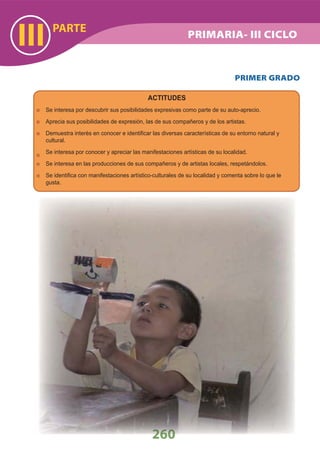 PARTE
III
260
PRIMER GRADO
ACTITUDES
Se interesa por descubrir sus posibilidades expresivas como parte de su auto-aprecio.
Aprecia sus posibilidades de expresión, las de sus compañeros y de los artistas.
Demuestra interés en conocer e identiﬁcar las diversas características de su entorno natural y
cultural.
Se interesa por conocer y apreciar las manifestaciones artísticas de su localidad.
Se interesa en las producciones de sus compañeros y de artistas locales, respetándolos.
Se identiﬁca con manifestaciones artístico-culturales de su localidad y comenta sobre lo que le
gusta.
PRIMARIA- III CICLO
 