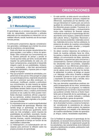 305
El aprendizaje es un proceso que permite el desa-
rrollo de capacidades, conocimientos y actitudes
elaborado por los estudiantes en interacción con su
realidad natural y social, haciendo uso de sus expe-
riencias previas.
A continuación proponemos algunas consideracio-
nes generales y estrategias que orientan los proce-
sos de enseñanza y de aprendizaje:
Cada niño tiene sus propias características bio-•
psico-sociales y sus estilos y ritmos de apren-
dizaje. Ellos construyen sus conocimientos con
su manera particular de pensar y percibir el
mundo que les rodea; por tanto, la escuela debe
respetar las particularidades de cada uno, sin
hacer comparaciones, propiciando el desarrollo
integral a partir de sus posibilidades, limitacio-
nes y necesidades, y más bien aprovechando
estas particularidades y riquezas para un mejor
trabajo en el grupo.
Hay que proponer variedad de actividades y ex-•
periencias en las que los niños pongan en juego
sus aprendizajes previos, originando situaciones
que van a promover que ellos construyan, re-
construyan, modiﬁquen, amplíen y profundicen
sus conocimientos; de esta manera se sienten
protagonistas de su propio aprendizaje. Estas
actividades también deben buscar el desarrollo
del pensamiento crítico y creativo promoviendo
acciones en las cuales los niños puedan mani-
festar, discrepar, cuestionar, aﬁrmar y argumen-
tar sus opiniones, analizar situaciones, buscar
soluciones y estrategias originales a los proble-
mas que enfrentan.
Es importante tomar en cuenta la signiﬁcatividad•
y funcionalidad del aprendizaje. Mientras más
sentido tenga un aprendizaje, se harán más
conexiones las mismas que, igualmente, serán
cada vez más complejas y serán mayores las
posibilidades de asimilarlo, recordarlo, transfe-
rirlo o aplicarlo. Por ello, debemos ofrecer expe-
riencias diversas, usando metodologías varia-
das y organizando el tiempo en función de las
capacidades a desarrollar.
La metacognición y la autoevaluación son ne-•
cesarias para promover la reﬂexión sobre los
propios procesos de aprendizaje.
3 ORIENTACIONES
3.1 Metodológicas
En este sentido, se debe asumir una actitud de•
apertura para reconocer, apreciar y respetar las
diferencias, expresadas por las distintas cultu-
ras que interactúan en nuestro país; así como la
igualdad de condiciones y oportunidades para
los diferentes grupos sociales. Favorecer el in-
tercambio, interaprendizaje y enriquecimiento
mutuo entre miembros de diversas culturas,
motivando la actitud por el aprendizaje del otro;
asumiendo como riqueza y potencial la diversi-
dad cultural, étnica y lingüística. Reconocer y
usar los recursos existentes: materiales concre-
tos, materiales de la zona, hechos cotidianos, la
presencia de sabios de nuestras comunidades
y personas que pueden enseñar y compartir
sus conocimientos y saberes, etc.
Se deben construir relaciones de conﬁanza a•
través de nuestras actitudes hacia los niños,
los padres y madres de familia; promoviendo el
diálogo y la comunicación de ideas, opiniones,
sentimientos y experiencias para conocernos y
comprendernos. Generar condiciones para que
los estudiantes sean escuchados, aceptados
y respetados en sus diferencias personales y
culturales, educándolos en la práctica y viven-
cia de valores como el respeto por los demás,
la solidaridad, la justicia, el trabajo en equipo
y el liderazgo, entre otros. Enseñar a dialogar
es enseñar a pensar en lo que se quiere decir
y expresarlo de manera clara y sencilla, escu-
chando y comprendiendo a los otros.
Hay que demostrar expectativas positivas res-•
pecto al desempeño de los niños, animándolos
y felicitándolos por sus progresos, no mellando
su autoestima por los errores o equivocaciones
que pudieran cometer. Este es un factor impor-
tante para el desarrollo de los aprendizajes, ya
que si un niño se siente motivado y conﬁado
sentirá seguridad y ganas de aprender.
Hacer adecuaciones y adaptaciones en función•
de la diversidad humana y social es fundamen-
tal: considerando la coexistencia de culturas
(riqueza cultural, valores propios), los espacios
sociolingüísticos y el respeto a las diferencias
de nuestros estudiantes (niveles de aprendiza-
je, lengua, cultura, necesidades especiales).
Con la ﬁnalidad de asegurar el aprendizaje de los
estudiantes, es necesario tener presente: las formas
de atención del docente, la organización grupal de
los estudiantes y las características de la institución
educativa (polidocente completa, polidocente multi-
grado o unidocente).
ORIENTACIONES
 