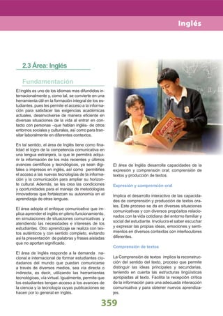 359
El inglés es uno de los idiomas mas difundidos in-
ternacionalmente y, como tal, se convierte en una
herramienta útil en la formación integral de los es-
tudiantes, pues les permite el acceso a la informa-
ción para satisfacer las exigencias académicas
actuales, desenvolverse de manera eﬁciente en
diversas situaciones de la vida al entrar en con-
tacto con personas –que hablan inglés- de otros
entornos sociales y culturales, así como para tran-
sitar laboralmente en diferentes contextos.
En tal sentido, el área de Inglés tiene como ﬁna-
lidad el logro de la competencia comunicativa en
una lengua extranjera, la que le permitirá adqui-
rir la información de los más recientes y últimos
avances cientíﬁcos y tecnológicos, ya sean digi-
tales o impresos en inglés, así como permitirles
el acceso a las nuevas tecnologías de la informa-
ción y la comunicación para ampliar su horizon-
te cultural. Además, se les crea las condiciones
y oportunidades para el manejo de metodologías
innovadoras que fortalezcan su autonomía en el
aprendizaje de otras lenguas.
El área adopta el enfoque comunicativo que im-
plica aprender el inglés en pleno funcionamiento,
en simulaciones de situaciones comunicativas y
atendiendo las necesidades e intereses de los
estudiantes. Otro aprendizaje se realiza con tex-
tos auténticos y con sentido completo, evitando
asi la presentación de palabras y frases aisladas
que no aportan signiﬁcado.
El área de Inglés responde a la demanda na-
cional e internacional de formar estudiantes ciu-
dadanos del mundo que puedan comunicarse
a través de diversos medios, sea vía directa o
indirecta, es decir, utilizando las herramientas
tecnológicas, vía virtual. Igualmente, permite que
los estudiantes tengan acceso a los avances de
la ciencia y la tecnología cuyas publicaciones se
hacen por lo general en inglés.
2.3 Área: Inglés
Fundamentación
El área de Inglés desarrolla capacidades de la
expresión y comprensión oral; comprensión de
textos y producción de textos.
Expresión y comprensión oral
Implica el desarrollo interactivo de las capacida-
des de comprensión y producción de textos ora-
les. Este proceso se da en diversas situaciones
comunicativas y con diversos propósitos relacio-
nados con la vida cotidiana del entorno familiar y
social del estudiante. Involucra el saber escuchar
y expresar las propias ideas, emociones y senti-
mientos en diversos contextos con interlocutores
diferentes.
Comprensión de textos
La Comprensión de textos implica la reconstruc-
ción del sentido del texto, proceso que permite
distinguir las ideas principales y secundarias,
teniendo en cuenta las estructuras lingüísticas
apropiadas al texto. Facilita la recepción crítica
de la información para una adecuada interacción
comunicativa y para obtener nuevos aprendiza-
jes.
Inglés
 