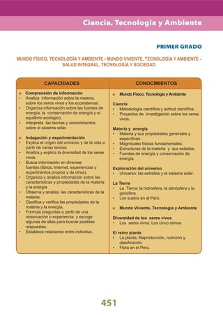 451
PRIMER GRADO
CAPACIDADES
Comprensión de información
Analiza información sobre la materia,•
sobre los seres vivos y los ecosistemas.
Organiza información sobre las fuentes de•
energía, la conservación de energía y el
equilibrio ecológico.
Interpreta las teorías y conocimientos•
sobre el sistema solar.
Indagación y experimentación
Explica el origen del universo y de la vida a•
partir de varias teorías
Analiza y explica la diversidad de los seres•
vivos.
Busca información en diversas•
fuentes (libros, Internet, experiencias y
experimentos propios y de otros).
Organiza y analiza información sobre las•
características y propiedades de la materia
y la energía
Observa y analiza las características de la•
materia.
Clasiﬁca y veriﬁca las propiedades de la•
materia y la energía.
Formula preguntas a partir de una•
observación o experiencia y escoge
algunas de ellas para buscar posibles
respuestas.
Establece relaciones entre individuo,•
CONOCIMIENTOS
Mundo Fisico, Tecnología yAmbiente
Ciencia
Metodología cientíﬁca y actitud cientíﬁca.•
Proyectos de investigación sobre los seres•
vivos.
Materia y energía
Materia y sus propiedades generales y•
especíﬁcas.
Magnitudes físicas fundamentales.•
Estructuras de la materia y sus estados.•
Fuentes de energía y conservación de•
energía.
Exploración del universo
Universo: las estrellas y el sistema solar.•
La Tierra
La Tierra: la hidrosfera, la atmósfera y la•
geósfera.
Los suelos en el Perú.•
Mundo Viviente, Tecnología y Ambiente
Diversidad de los seres vivos
Los seres vivos. Los cinco reinos.•
El reino planta
La planta. Reproducción, nutrición y•
clasiﬁcación.
Flora en el Perú.•
MUNDO FÍSICO, TECNOLOGÍA Y AMBIENTE - MUNDO VIVIENTE, TECNOLOGÍA Y AMBIENTE -
SALUD INTEGRAL, TECNOLOGÍA Y SOCIEDAD
Ciencia, Tecnología y Ambiente
 